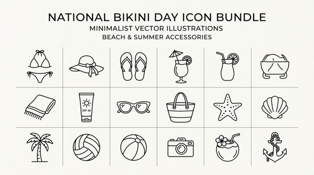 National bikini day icon bundle with minimalist vector illustrations of beach and summer accessories