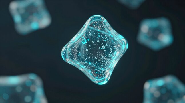 clean, scientific 3D render of transparent blue molecules in a tetrahedral arrangement, symbolizing chemistry, biotechnology, and medical innovation with a dark, futuristic aesthetic
