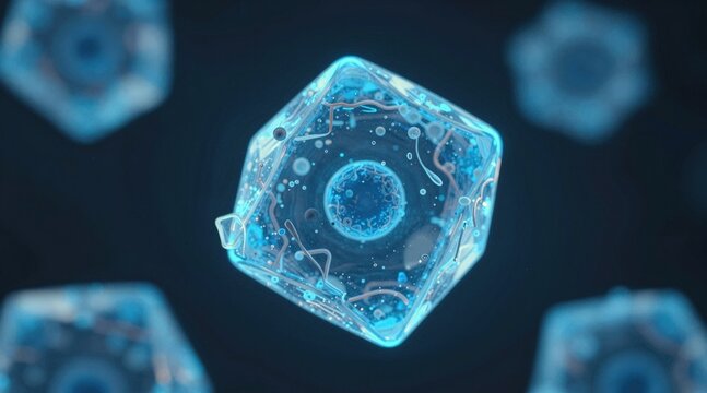clean, scientific 3D render of transparent blue molecules in a tetrahedral arrangement, symbolizing chemistry, biotechnology, and medical innovation with a dark, futuristic aesthetic