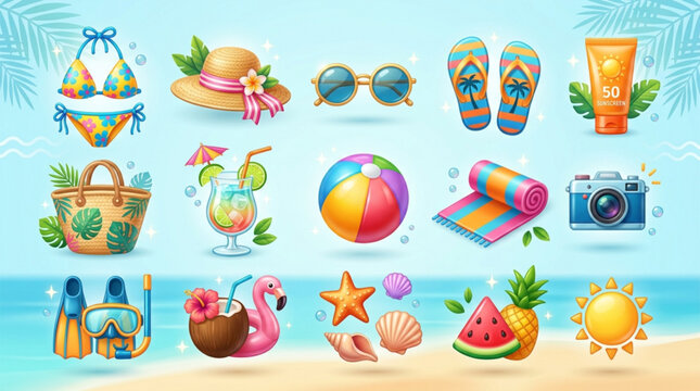 Colorful beach accessories and summer items on sandy shore with ocean background