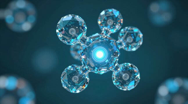 clean, scientific 3D render of transparent blue molecules in a tetrahedral arrangement, symbolizing chemistry, biotechnology, and medical innovation with a dark, futuristic aesthetic