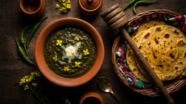 Authentic Punjabi Sarson Ka Saag and Makki Roti Traditional Food
