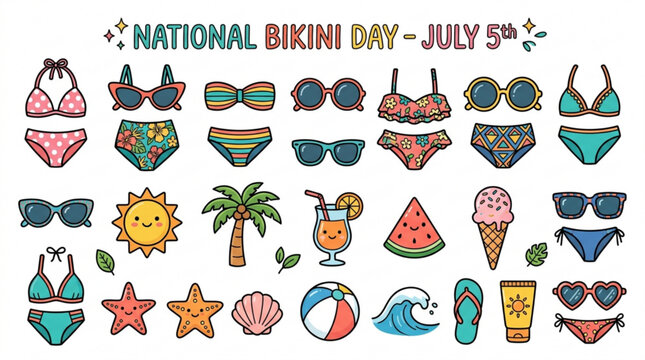 National bikini day icons with sunglasses beach balls and summer items on white background