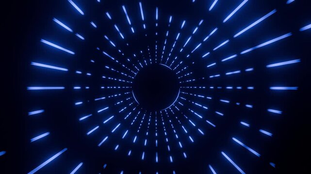 Blue Radial Light Burst Pulsing Around a Dark Circular Core
