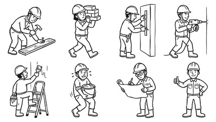 Fototapeta premium Construction workers performing various tasks on a building site with tools and materials