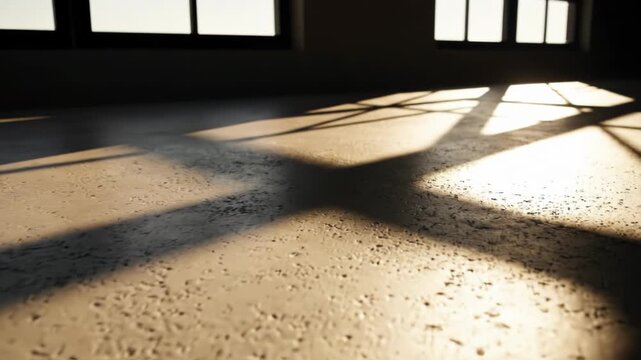 Geometric window frame shadows cast onto a gray concrete floor with warm sunlight during golden hour. Cinematic lighting in a dark industrial interior with shallow depth of field.