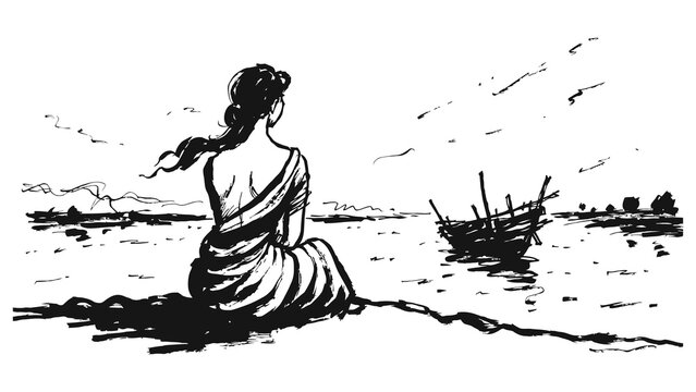 Woman sits on beach watching vintage boat sail into serene landscape