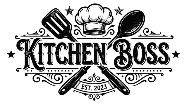 A chef hat and utensils form kitchen boss logo with crossed knives