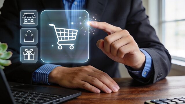 Man touching virtual shopping cart icon on screen, illustrating e-commerce online retail, digital store, consumer buying behavior and internet marketplace technology