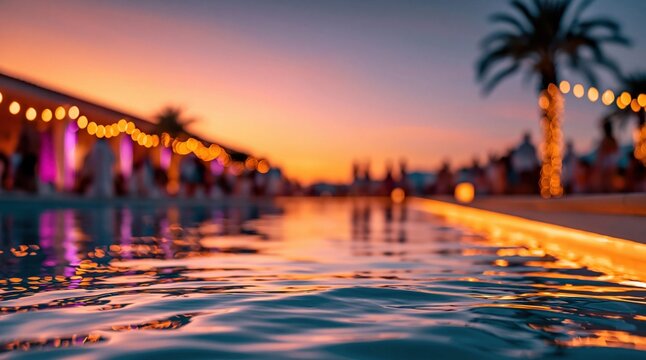 Sunset poolside glow creates an inviting atmosphere