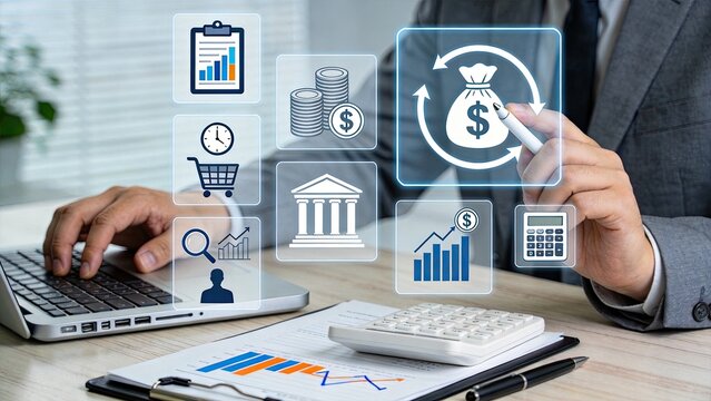 Hand selecting cash flow icon on virtual screen, financial analysis, banking symbols, investment growth, accounting calculator, budget planning, economic strategy, fintech