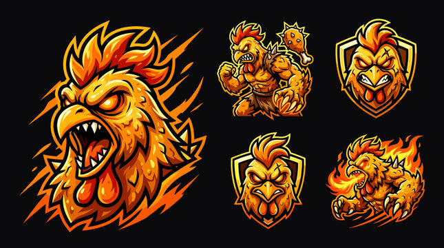 Fiery Rooster Mascot Illustrations - Aggressive Chicken Character Designs for Gaming and Sports Teams