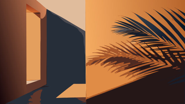 Minimalist interior with palm leaf shadow on orange wall interior minimalist sunlight architecture abstract background tropical contrast structure aesthetic geometric artistic botanical