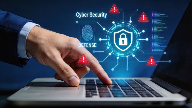Cyber security defense concept featuring digital fingerprint scan and padlock icon on laptop screen, protecting data from hackers and ensuring network safety with advanced