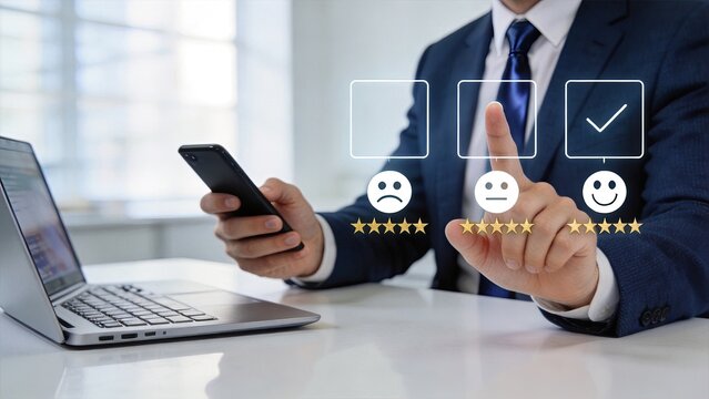 Businessman selecting positive feedback and five star rating on virtual interface, customer satisfaction survey concept