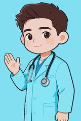 Fototapeta premium Cute cartoon male doctor waving hand in medical uniform