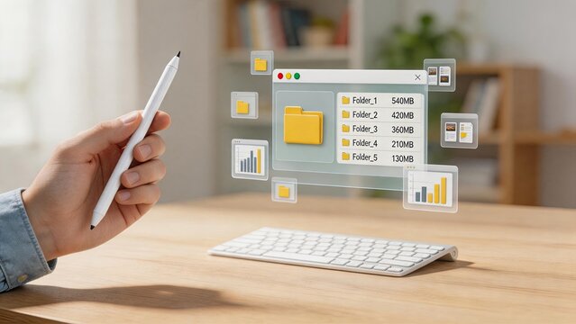 Hand holding stylus pen interacting with floating file folder window showing data size list and charts, digital organization and cloud storage management concept on wooden desk