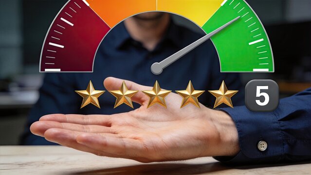 Customer satisfaction rating gauge showing excellent score with five gold stars in hand. Quality assurance, service excellence, positive feedback review and high performance