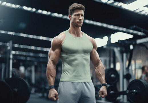 Muscular Man In Tanktop Mockup In Modern Gym PSD