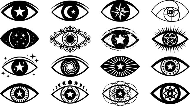 Mystic Eye Vector Icon Set &ndash; Evil Eye, All Seeing Eye, Spiritual Vision and Celestial Protection Symbols Line Art Collection