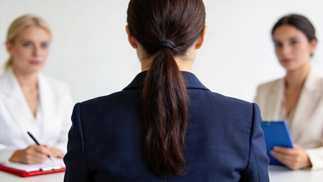 Female candidate sitting in front of two interviewers during a professional job interview, human resources recruitment and career opportunity concept.