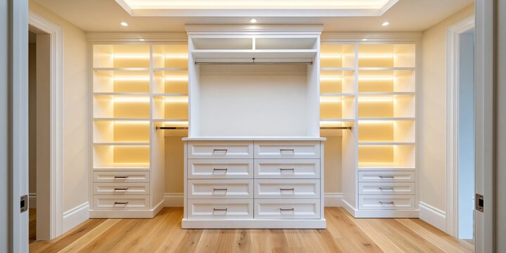 Elegant walk in closet design featuring bright lighting