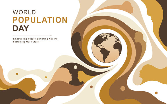 World Population Day Abstract Background with Human Silhouettes and Global Earth Illustration