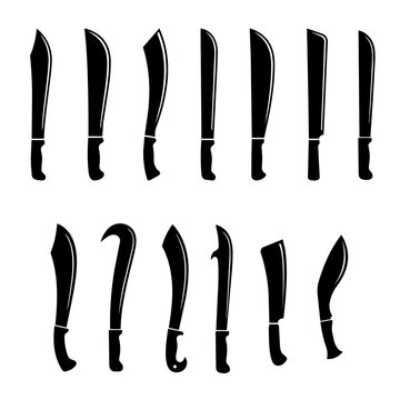 Collection of Machete Knife Silhouettes in Various Shapes for Hunting and Survival Equipment Design