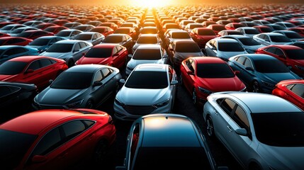 Fototapeta premium Massive car fleet bathed in golden sunlight