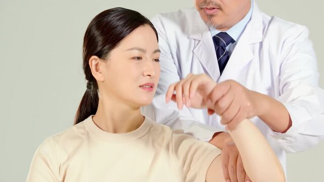 Professional massagist doctor in a white lab coat giving woman patient physiotherapy with hand lift, doing stretching arm and examined her elbow, massage disease treatment at diagnosis clinic