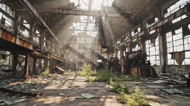 Interior view of a derelict abandoned industrial factory warehouse with sun rays streaming through a collapsed roof onto debris, puddles, rusted metal structures and overgrown plants.