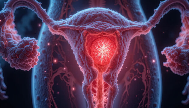 Female reproductive system is shown with highlighted internal structures in a medical illustration.
