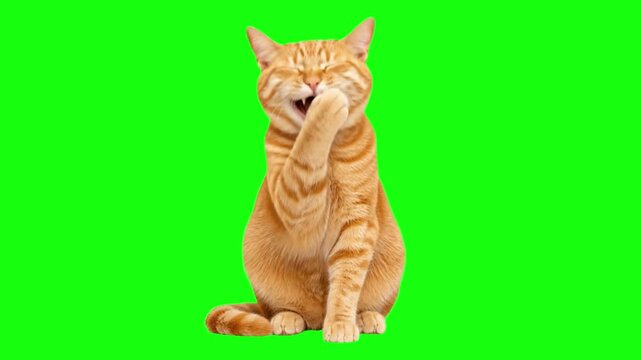 A sitting domestic orange cat laughing hysterically like a person, placing its paw over its mouth. Shot against a chroma key green screen background. Seamless loop.
