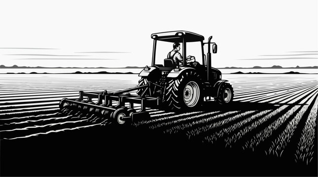 An agricultural tractor working the land in preparation for planting.