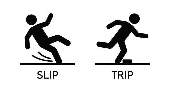 Black silhouette depictions of a person slipping and tripping over an obstacle safety signage silhouette slip