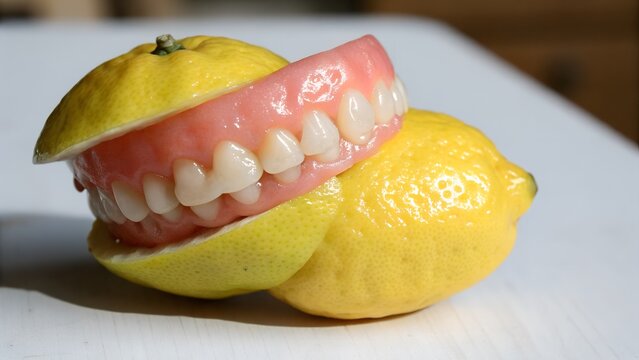 Dentures on lemons, dental prosthetics teeth pink gum