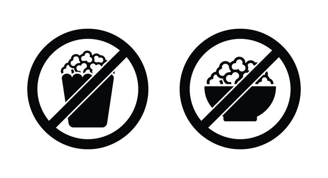 Two no popcorn prohibition signs depicted as black silhouettes against a white background silhouette restriction ban