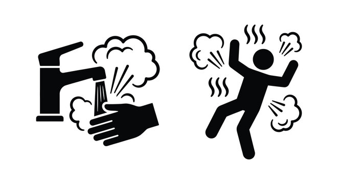 Washing hands and burning sensation icons depicted as black silhouettes against a white background handwashing hand