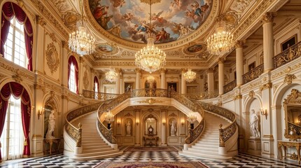 Fototapeta premium A grand opulent baroque and rococo interior with a majestic sweeping staircase and a lavish domed ceiling - ideal for luxury architecture, high-end interior design, historical backdrops, and concepts 