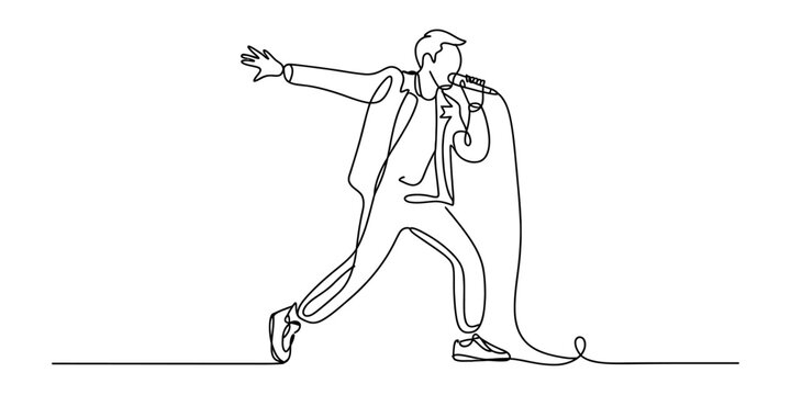 Continuous single line drawing of a male singer performing a song on stage holding a microphone with an energetic pose for a music concert entertainment show