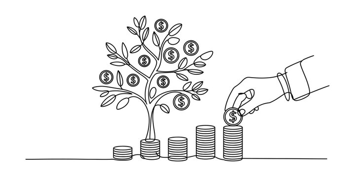 Continuous line drawing of a hand placing a coin on a stack next to a growing money tree with dollar signs representing business investment and growth