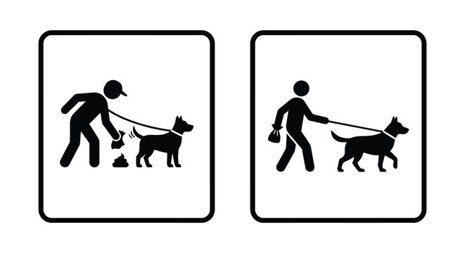 Dog walking related warning signs featuring people and pets depicted as black silhouettes waste fouling poop