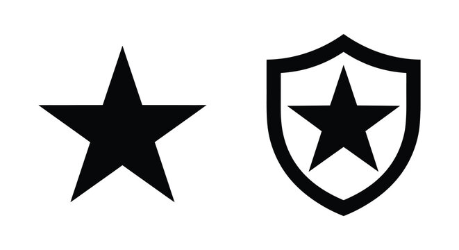 Black star and shield shapes with a five pointed star inside flat vector silhouette shape five pointed