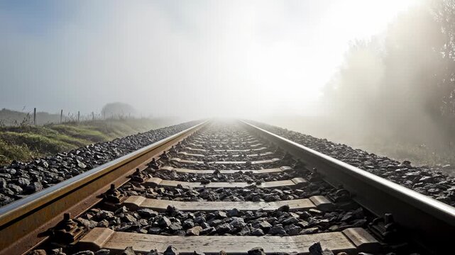 Low-angle shot of parallel railway tracks vanishing into a dense white fog on a misty morning. The railroad tracks with concrete sleepers and stone ballast lead to a hazy horizon.