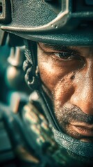 Obraz premium Close-up portrait of a determined soldier wearing a helmet and tactical gear