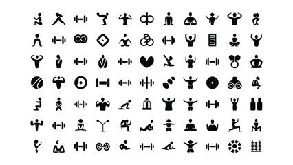 Black silhouette fitness icons set with various exercise and workout symbols on white background © mohibul