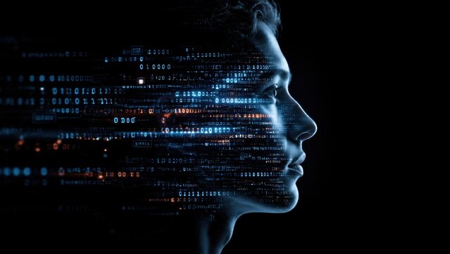 A face emerges from a backdrop filled with flowing data in binary code. The scene shows the connection between human thought and digital information at night.