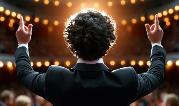 Orchestral conductor leading a performance