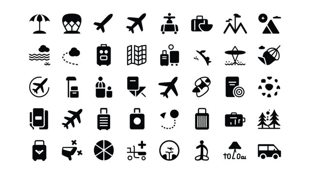 Black travel and tourism icons on white background for design and decoration purposes  various symbols