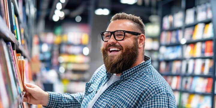 Happy plus-size man with beard and glasses browsing books in a bookstore
